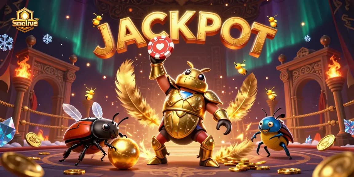 Socolive features a victorious beetle lifting a poker chip, surrounded by vibrant gaming elements and fireworks.