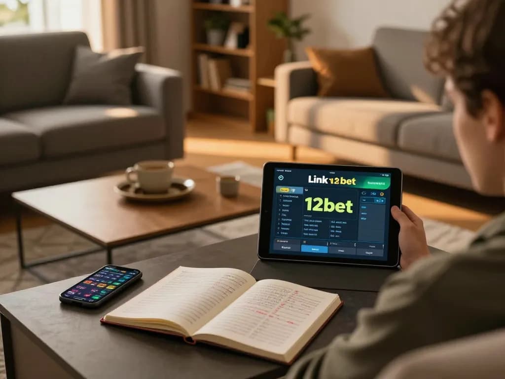 Người sử dụng Link 12bet trên máy tính bảng trong không gian gia đình ấm cúng, nhấn mạnh việc đánh bạc trực tuyến chiến lược.