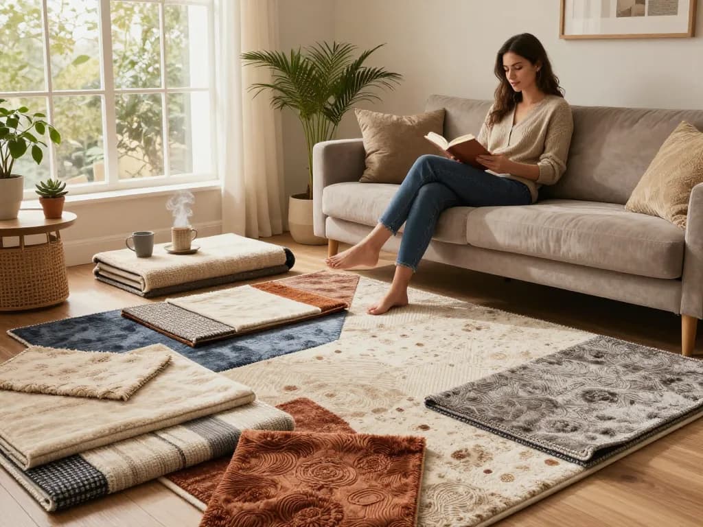 Affordable carpets London displayed in a stylish living room with a woman relaxing.
