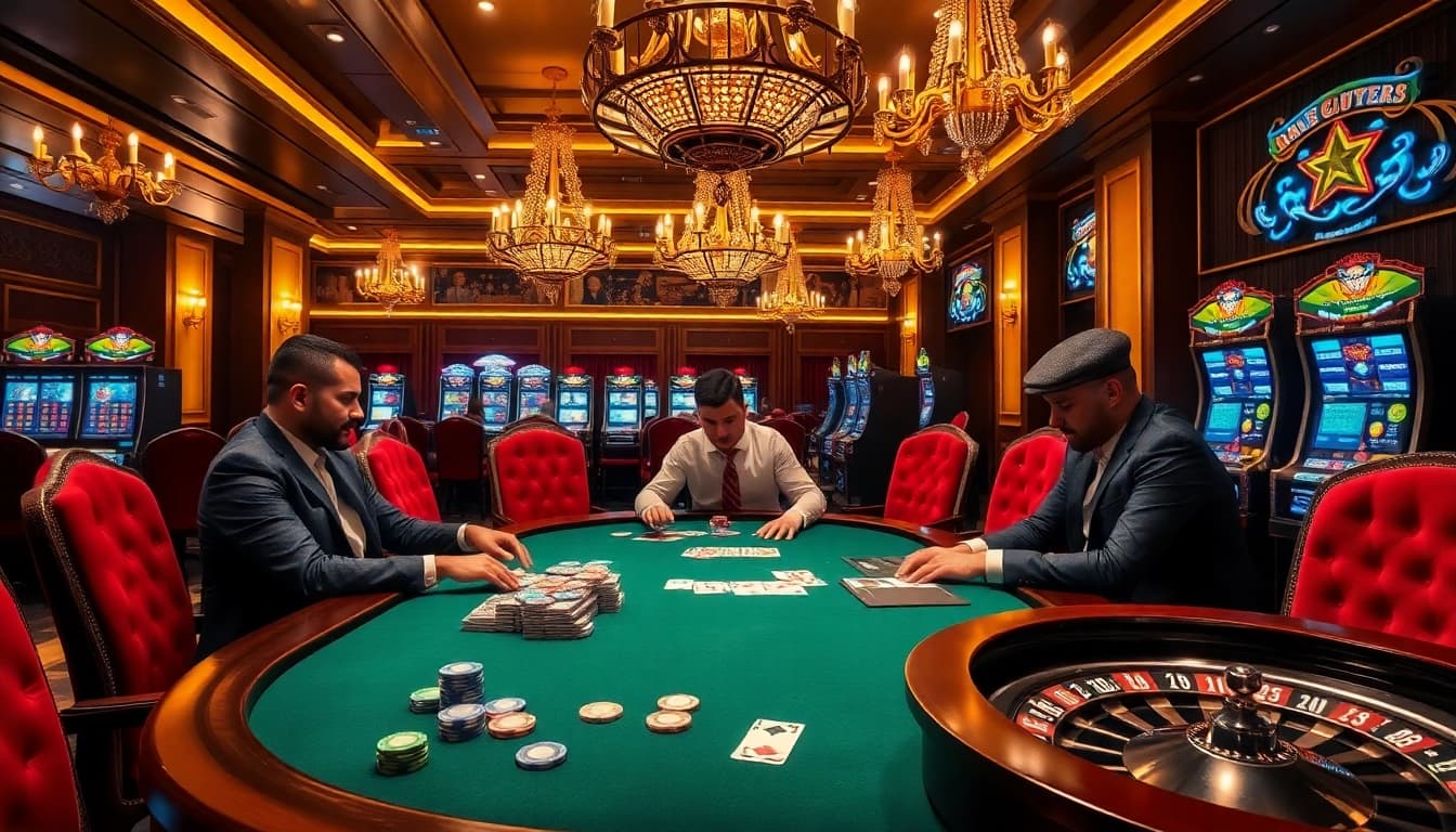 High-stakes poker gameplay at a luxurious casino table, showcasing poker chips and cards at https://bem88.com.