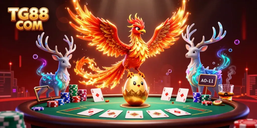 Experience the thrilling action of TG88 COM with a 3D phoenix; vibrant casino elements surround the scene.