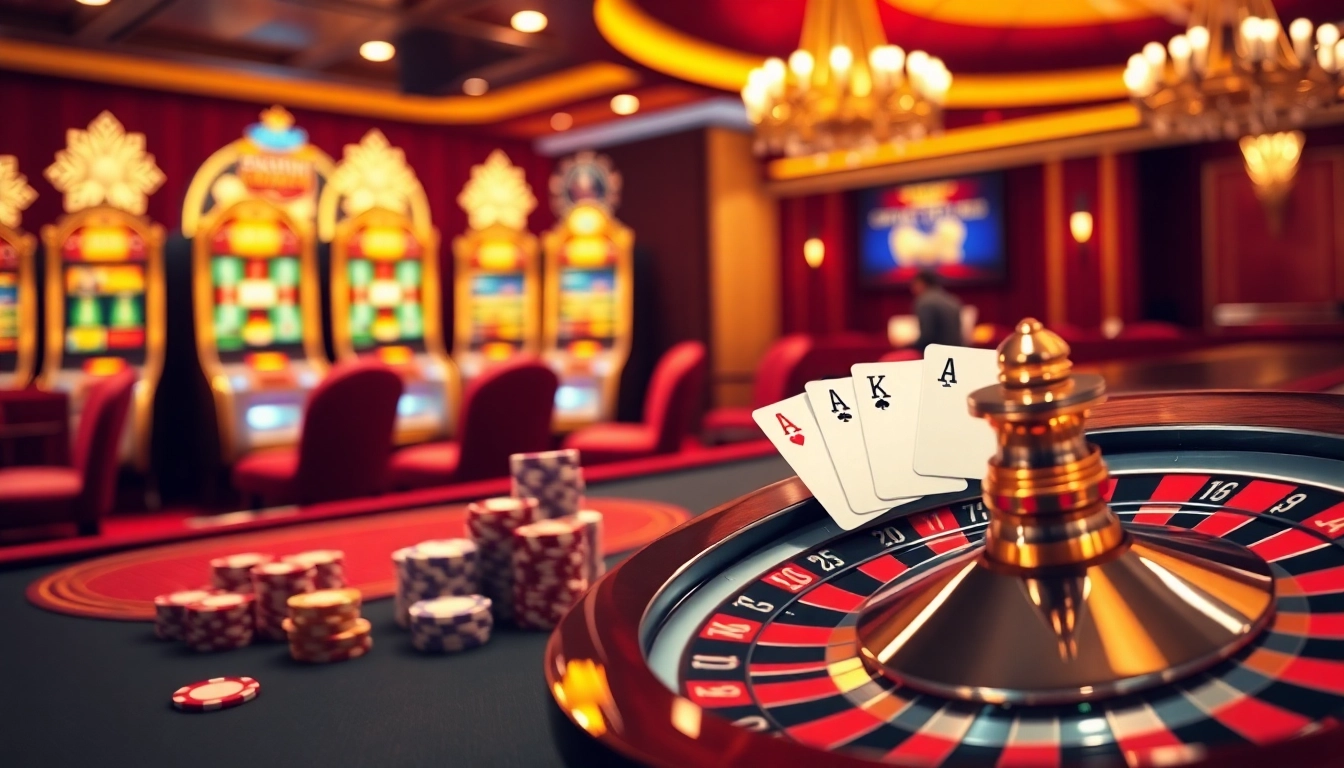 Exciting gaming atmosphere at PS99 online casino, featuring poker chips and slot machines.