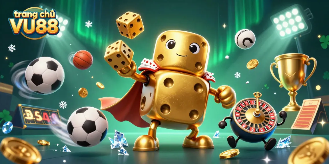 Engage with trang chủ VU88 in a vibrant, dynamic casino environment featuring golden dice and sports elements.