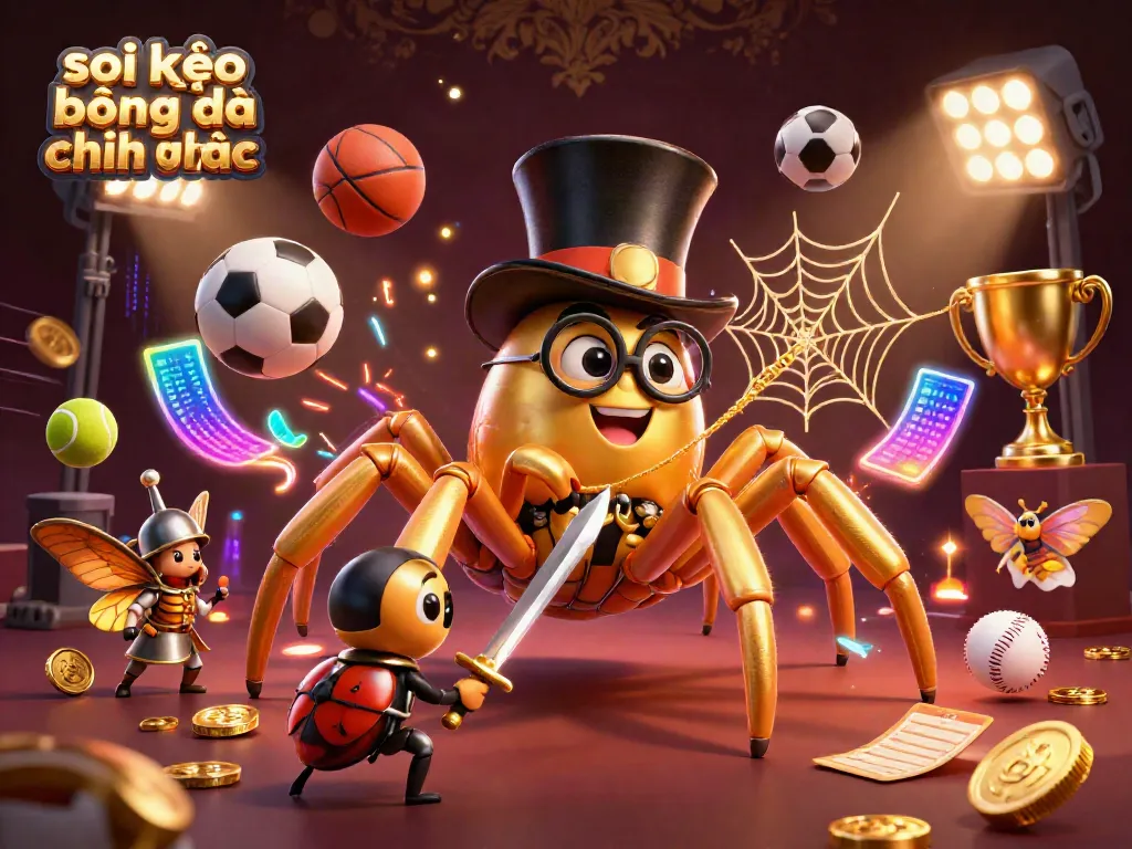 Soi kèo bóng đá chính xác illustrated with a golden tarantula weaving a web of riches in a dynamic sports scene.