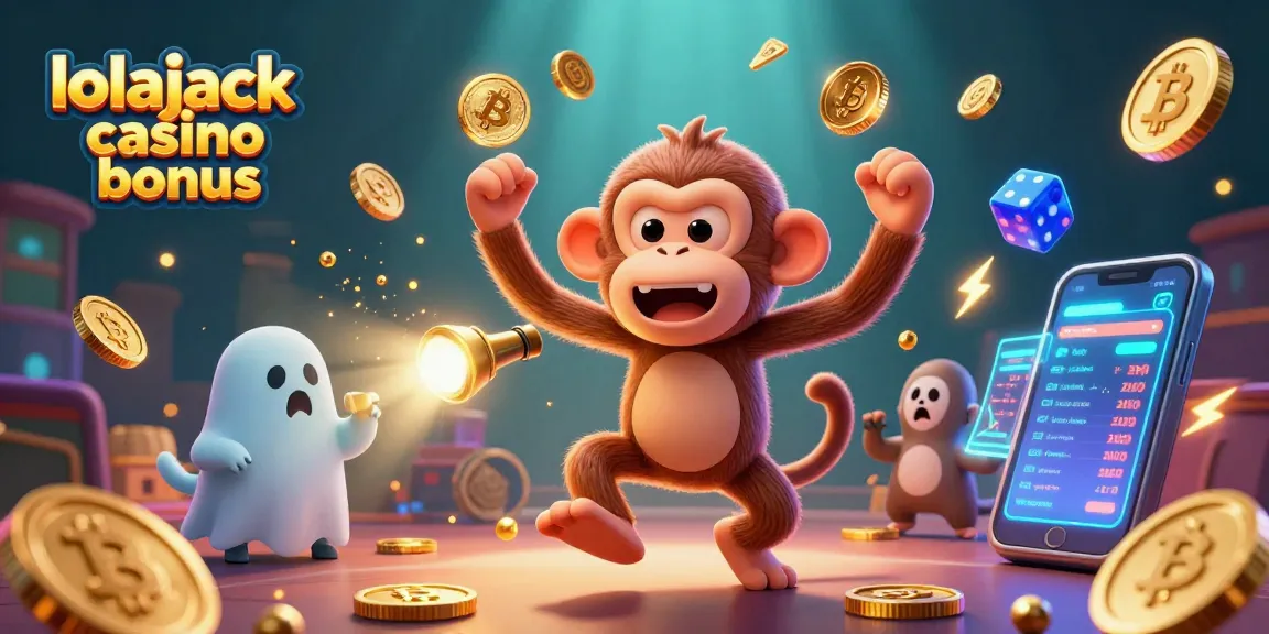 Engage with the lolajack casino bonus while enjoying a festive 3D casino scene filled with vibrant gaming elements.