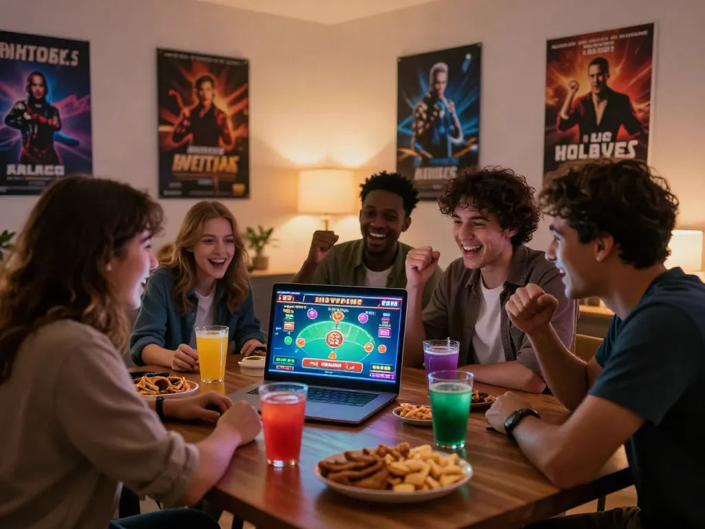 Excited friends enjoying non gamstop casinos uk gaming together at home.