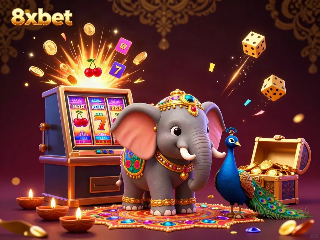 Experience the thrill of 8xbet with a vibrant jackpot explosion from a slot machine in a festive illustration.
