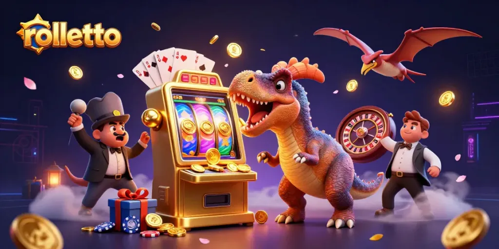 rolletto gaming scene with dinosaur characters activating a jackpot slot, surrounded by casino elements