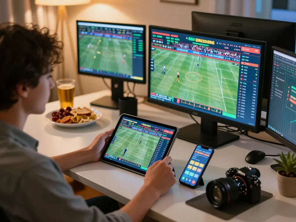 Person placing bets on sports events using tablet and smartphone in a cozy home office, sc88hd gaming strategy.