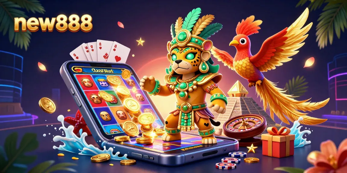 Experience new888 slots with glowing characters amidst a vibrant casino atmosphere filled with action!
