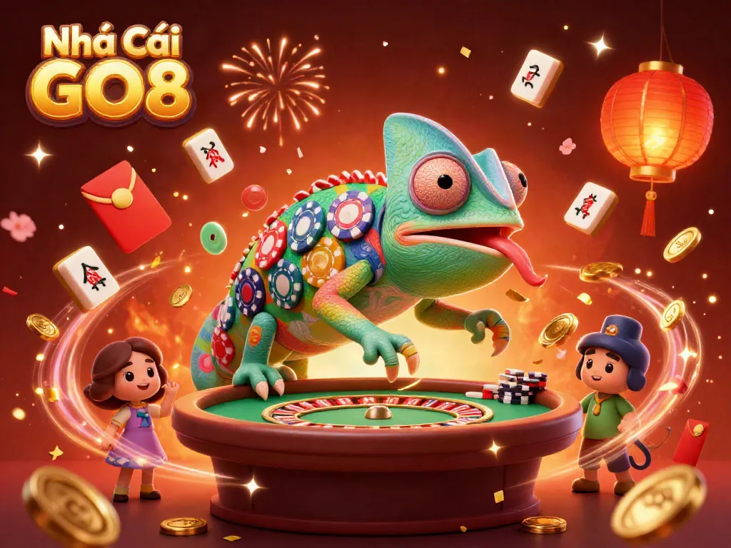 Experience the vibrant world of Nhà Cái GO8 with a chameleon casino owner capturing winnings under festive decor.