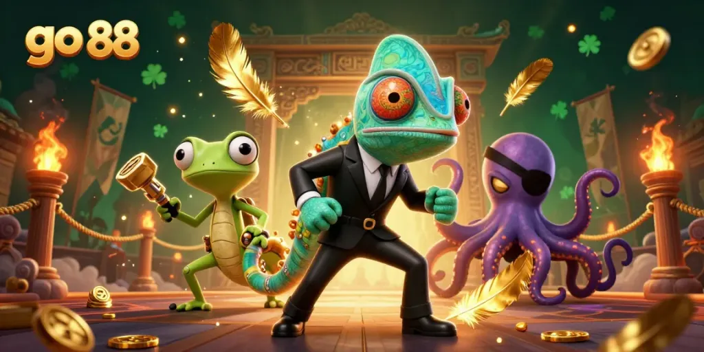 Witness the go 88 dynamic action with a chameleon secret agent, gecko Q, and villainous octopus in a captivating casino setting.