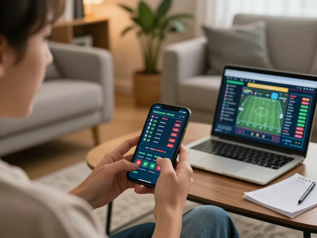 SHBET user placing bets on smartphone in cozy home setting, capturing the thrill of online gambling.