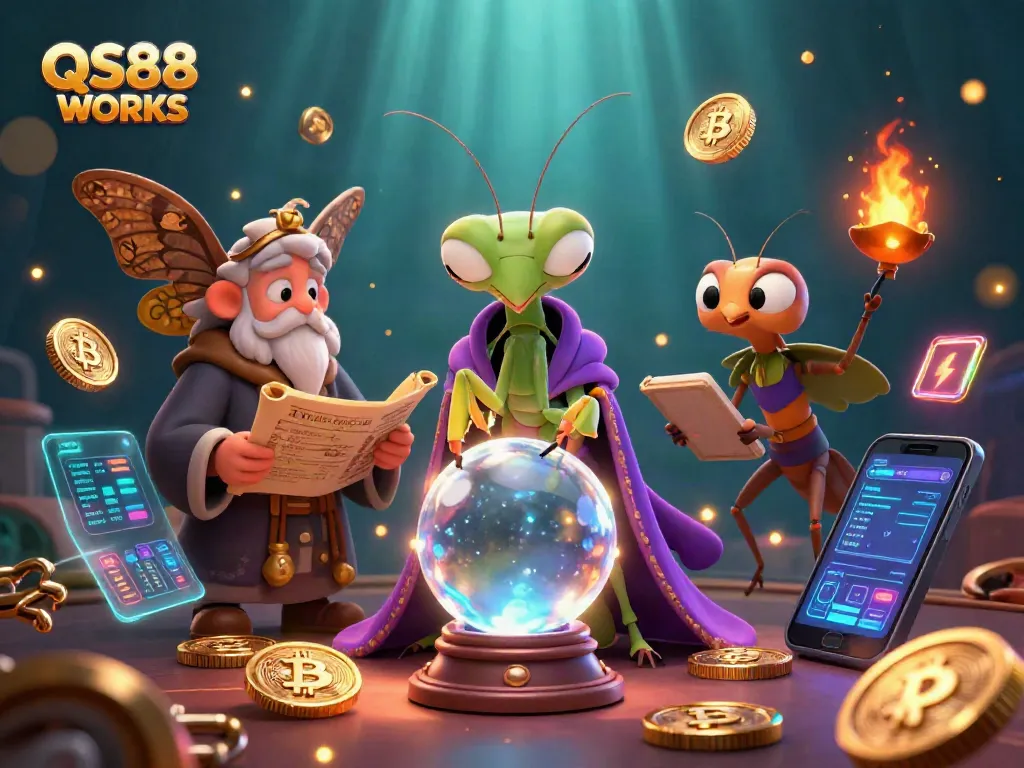 Engage in thrilling games at QS88 WORKS with a vibrant 3D casino scene featuring mystical characters and crypto elements.