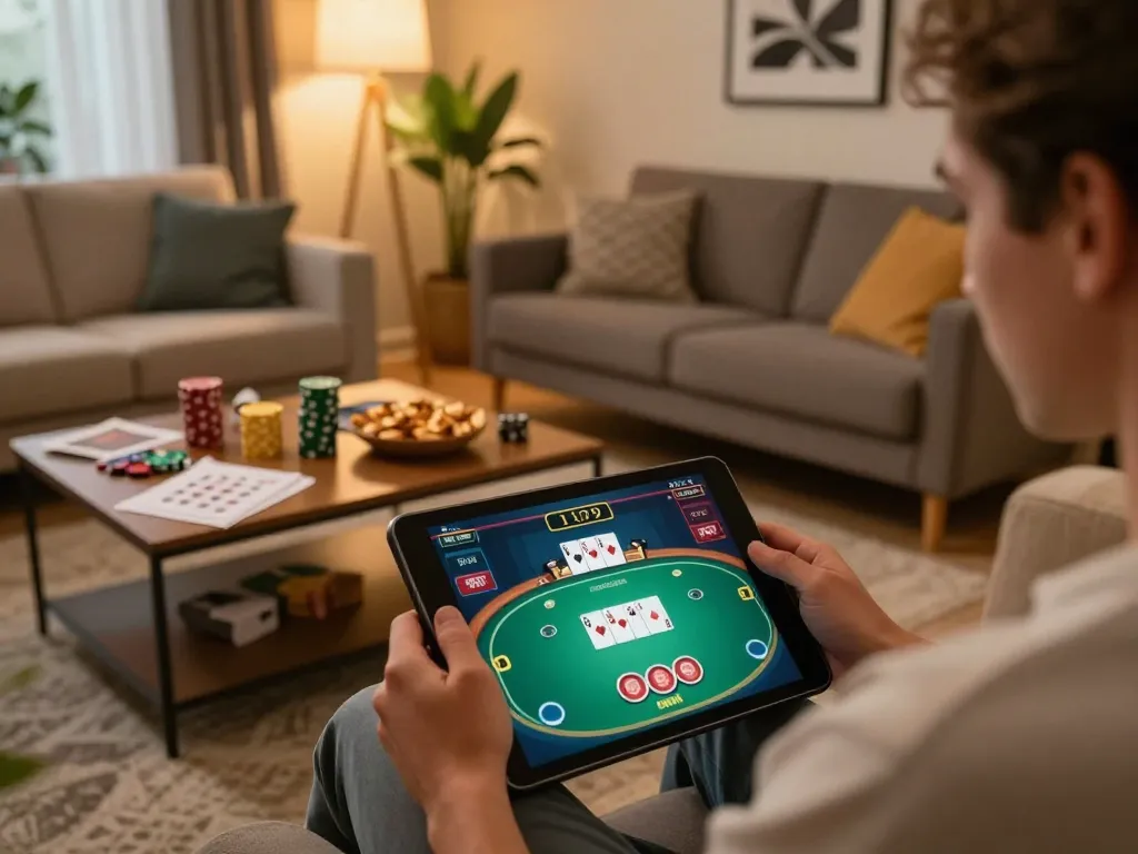 Engaging scene of online gambling with a tablet at home, showing poker gameplay interface on https://mm88.london/.