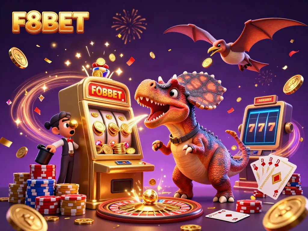 F8BET features a playful dinosaur scene with jackpot winnings and dynamic casino action.