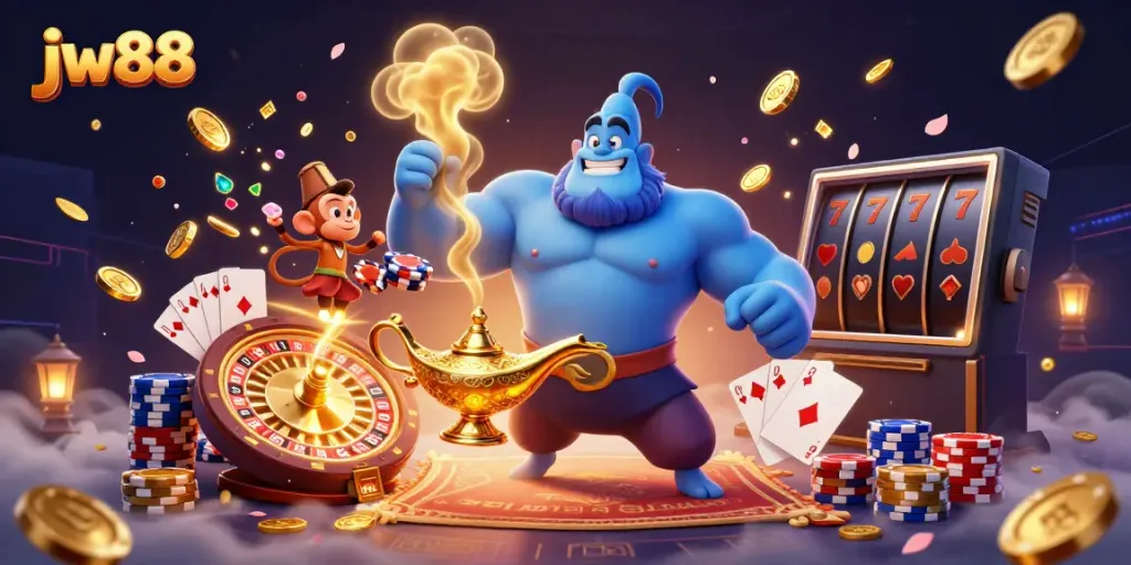 Engage with thrilling gameplay at jw88 featuring a magical genie and poker chips.