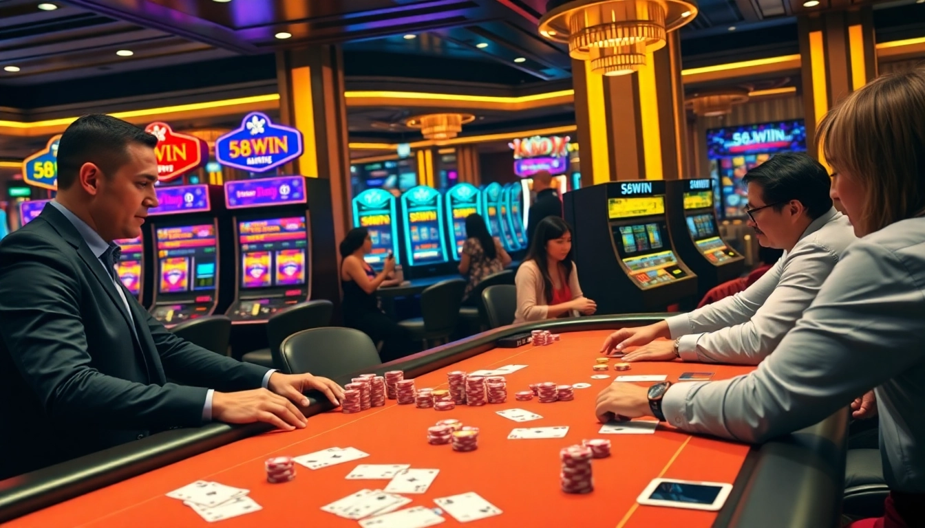 A vibrant poker scene at 58WIN showcasing excited players and luxurious chips.