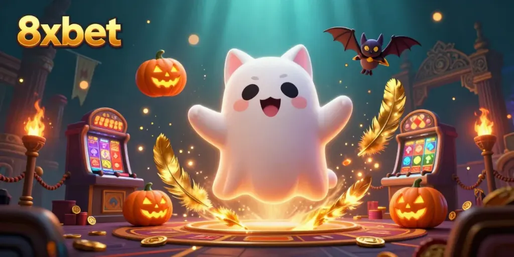 Engaging 8xbet-themed casino scene featuring a ghost cat and a bat in a haunted attraction.