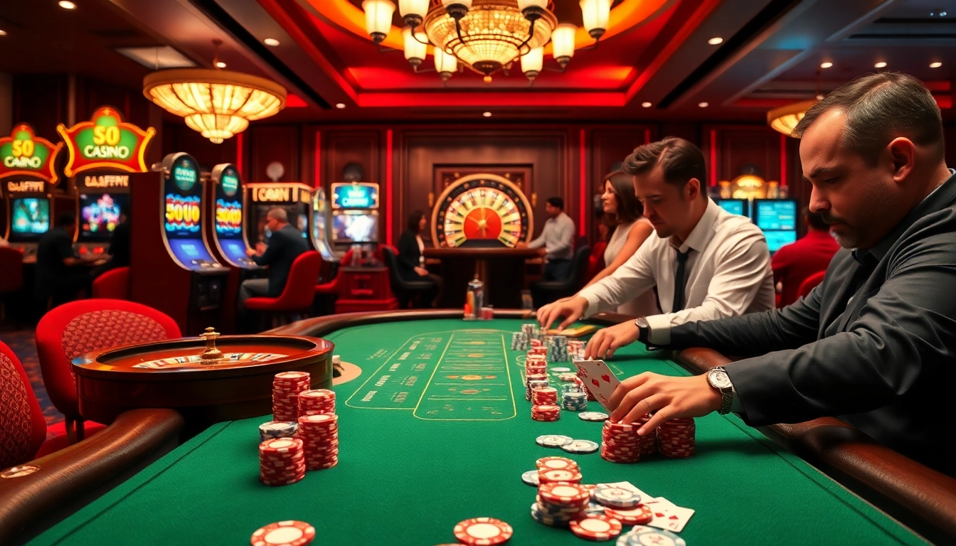 SODO CASINO players engaging at a luxurious gambling table with vibrant colors and exhilarating atmosphere.