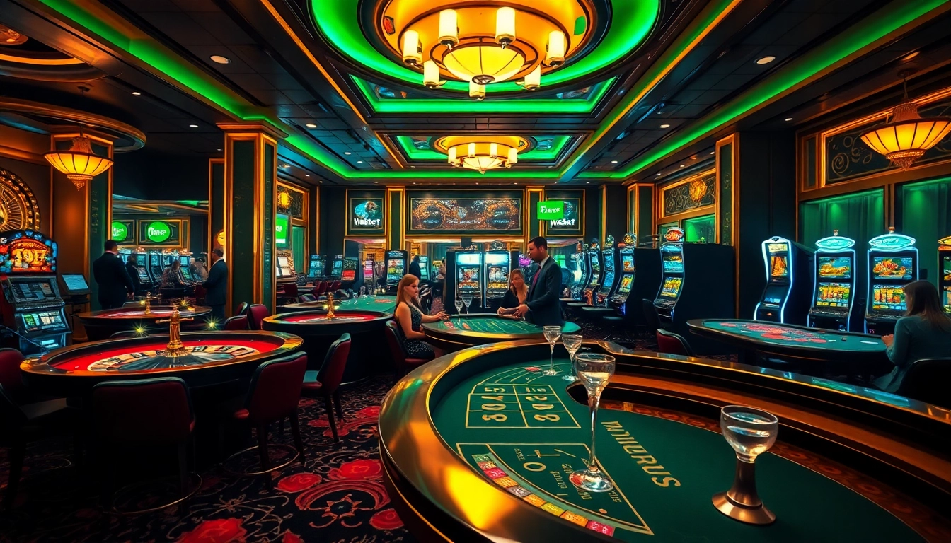 Players thrilled at 28bet's luxury casino environment with roulette wheels and poker tables.