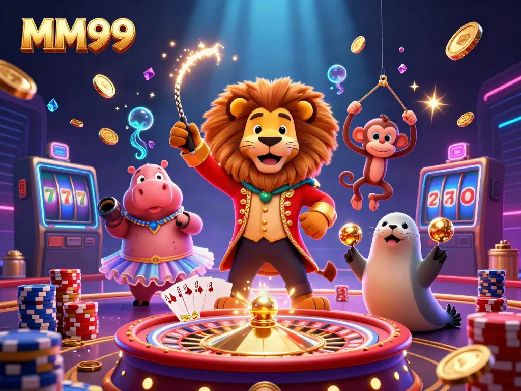 Experience thrilling wins with MM99's vibrant 3D casino world illustrating exciting games and characters.
