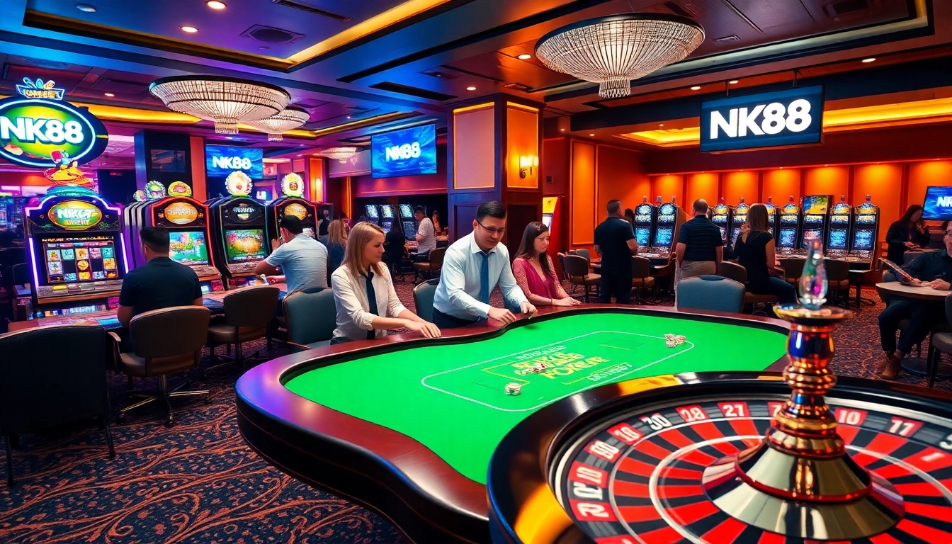 NK88 players enjoying an exciting game at a vibrant casino table with slots and roulette.