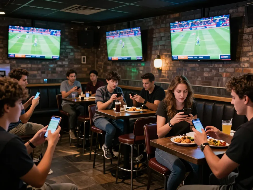 People enjoying live betting at a sports bar, engaging with ko66 betting apps on their smartphones