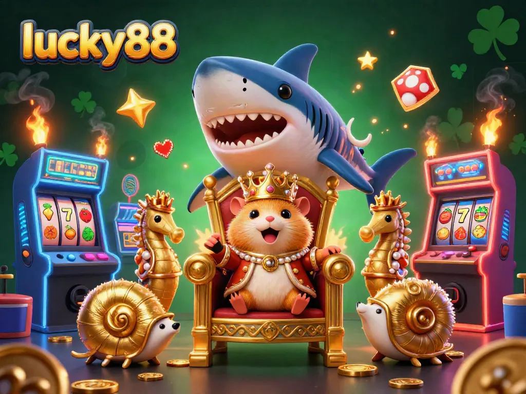 Spin to win with lucky88 at the vibrant casino scene, featuring a golden hamster king and thrilling games.