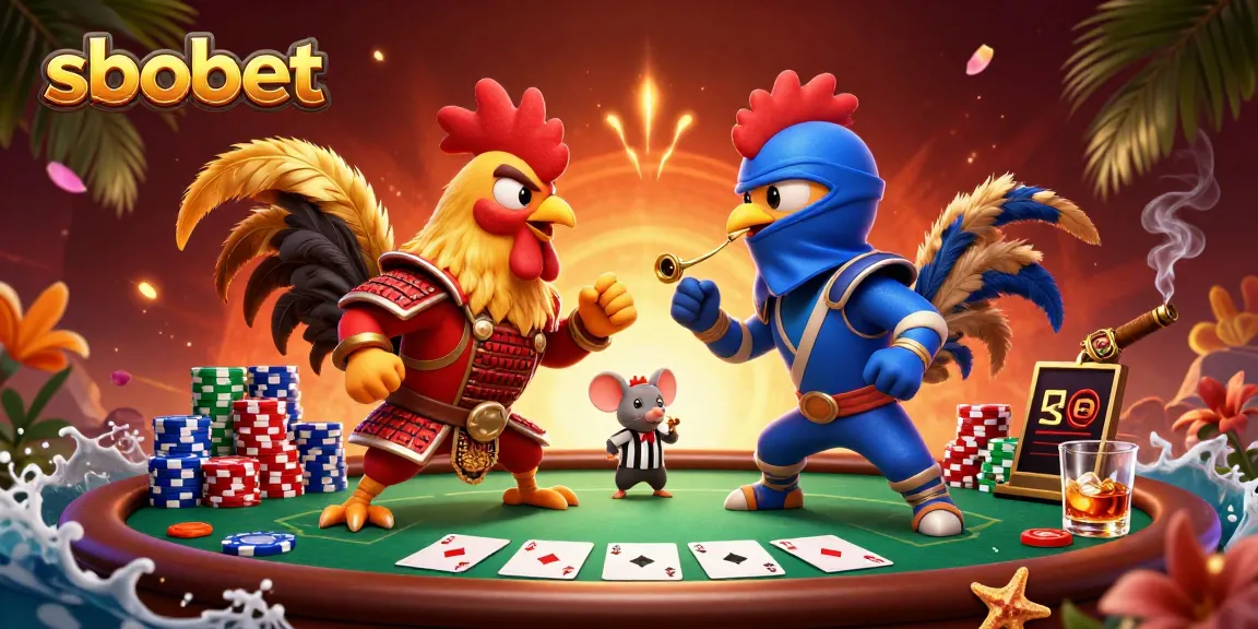 SboBet showcases an epic showdown between cartoon fighting roosters at a vibrant poker table, symbolizing exciting betting.
