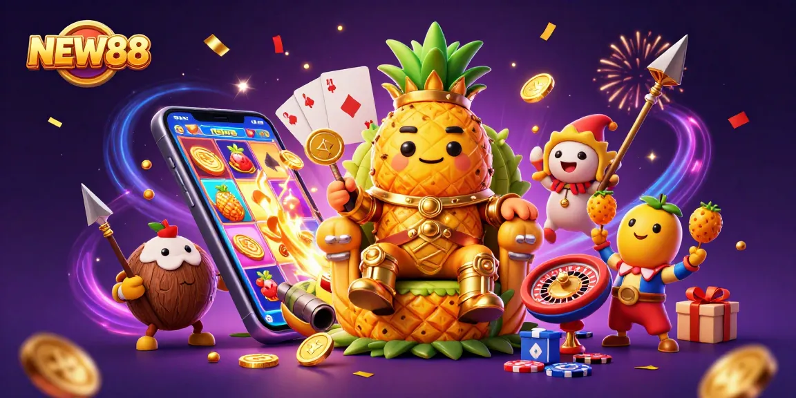 Experience top gaming thrills with NEW88 offers, featuring vibrant casino characters and dynamic slot games.
