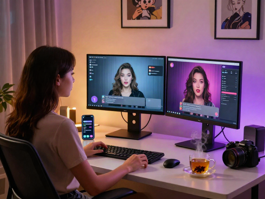 Engaging ai chat porn experience with a woman in a high-tech studio, highlighting intimate digital interactions.