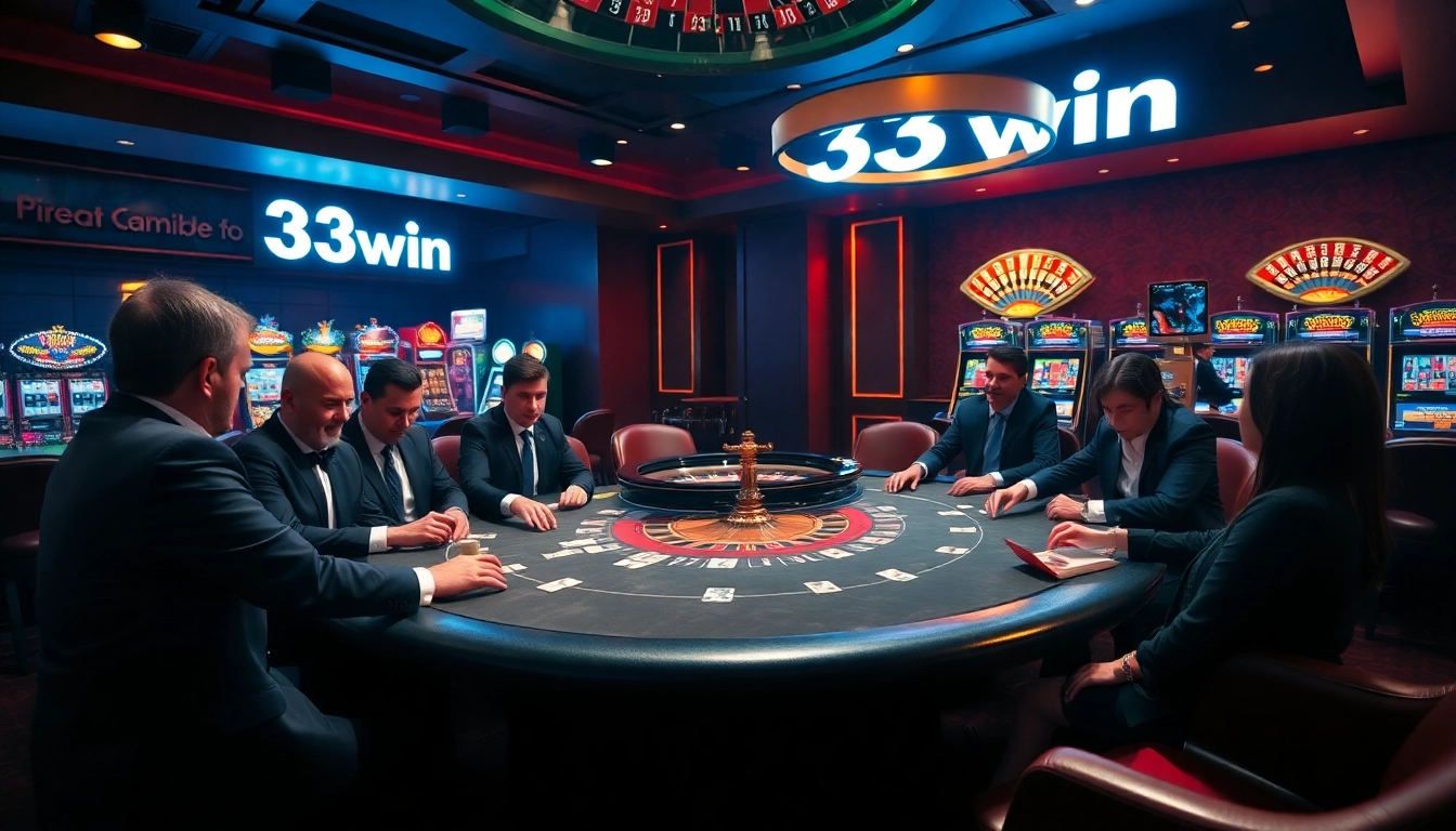 Players enjoying a competitive poker game at the elegant 33win casino, offering luxury gaming experiences.