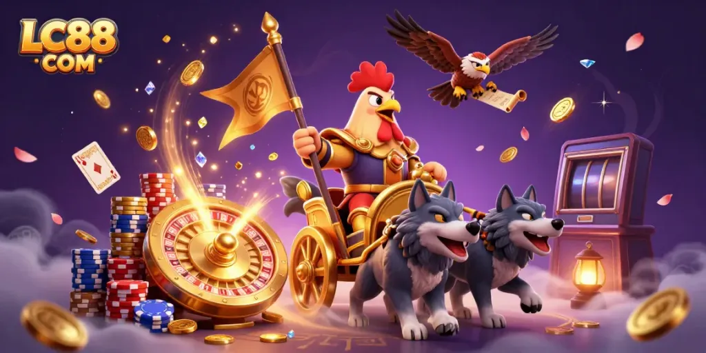 Engage with LC88 COM at this vibrant 3D casino illustration showcasing thrilling gaming action.