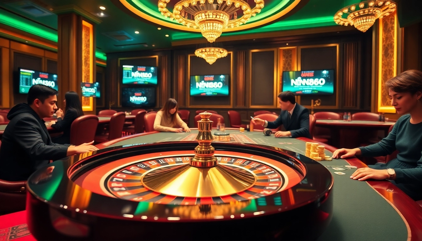 Experience the excitement at nn88.com with poker chips and roulette in a vibrant casino scene.