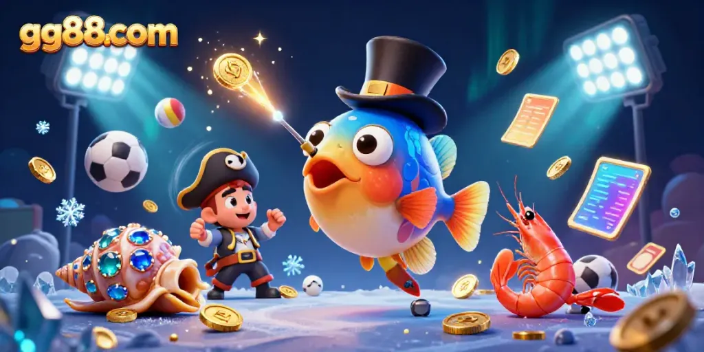 Play exciting games with gg88com featuring a 3D anglerfish, pirate shrimp, and gem snail amidst vibrant casino elements.