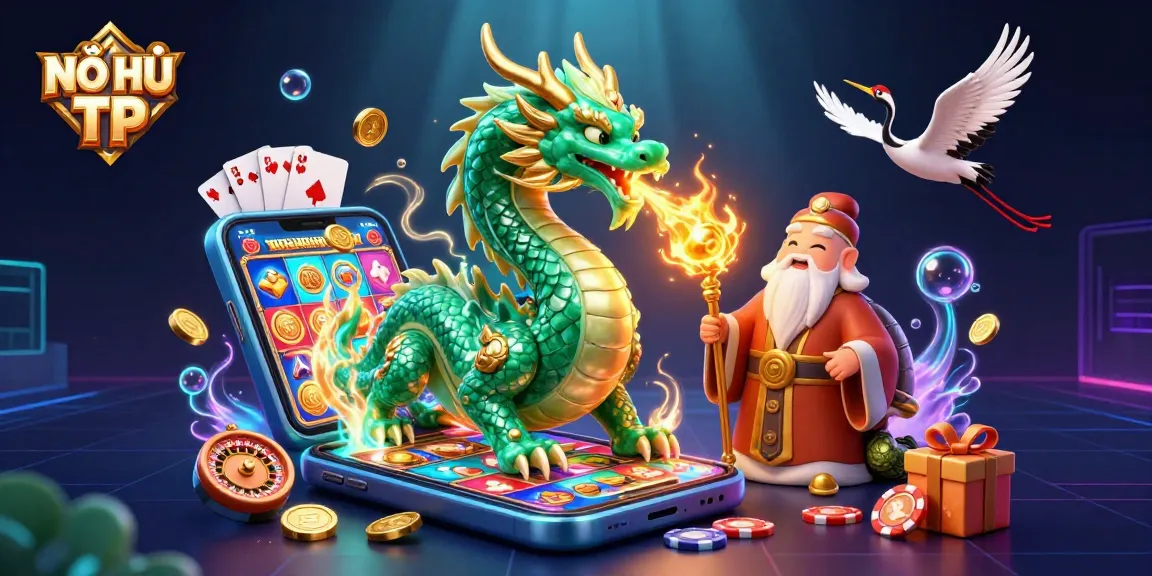 NỔ HŨ TP features a dynamic scene with a jade dragon and lucky symbols, celebrating slot gaming.
