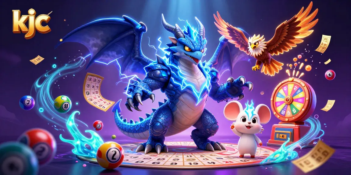 Engage in thrilling KJC lottery action with vibrant characters, flying balls, and dynamic winning elements.