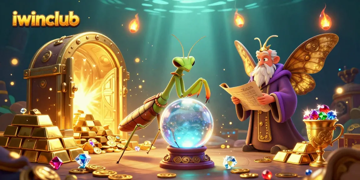 Experience excitement with iwinclub's vibrant 3D illustration showcasing a fortune teller and treasures.