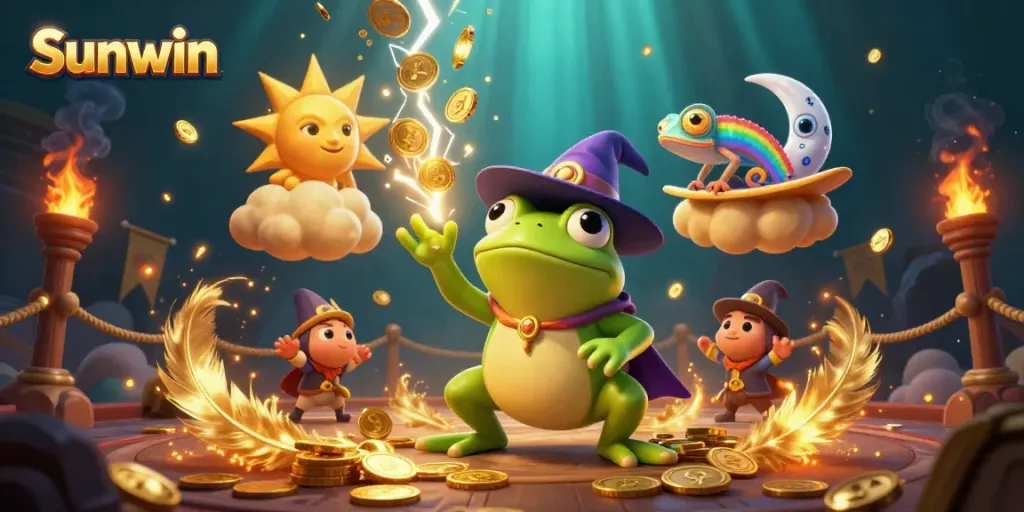 Experience the exciting world of Sunwin with a whimsical frog and chameleon amid gold and games.