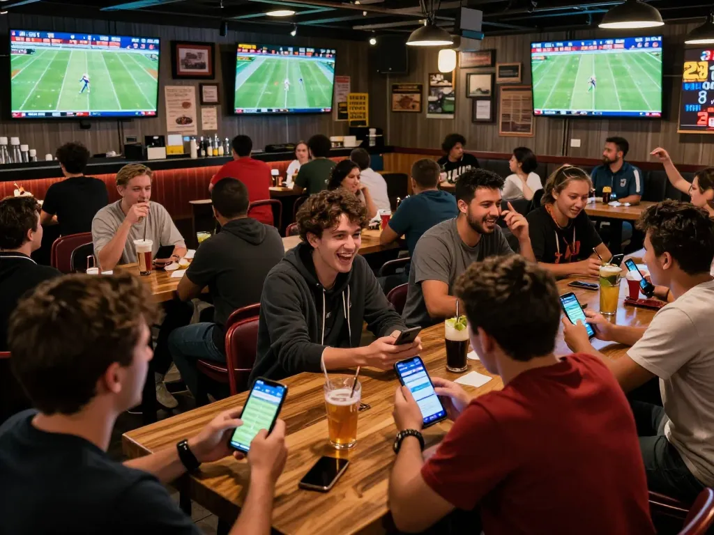 Tỷ lệ kèo nhà cái displayed dynamically in a sports bar as fans engage in betting.