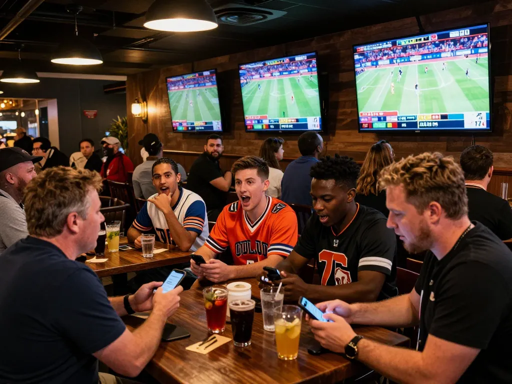 FABET sports betting scene with enthusiastic patrons cheering during a live game, vibrant atmosphere.