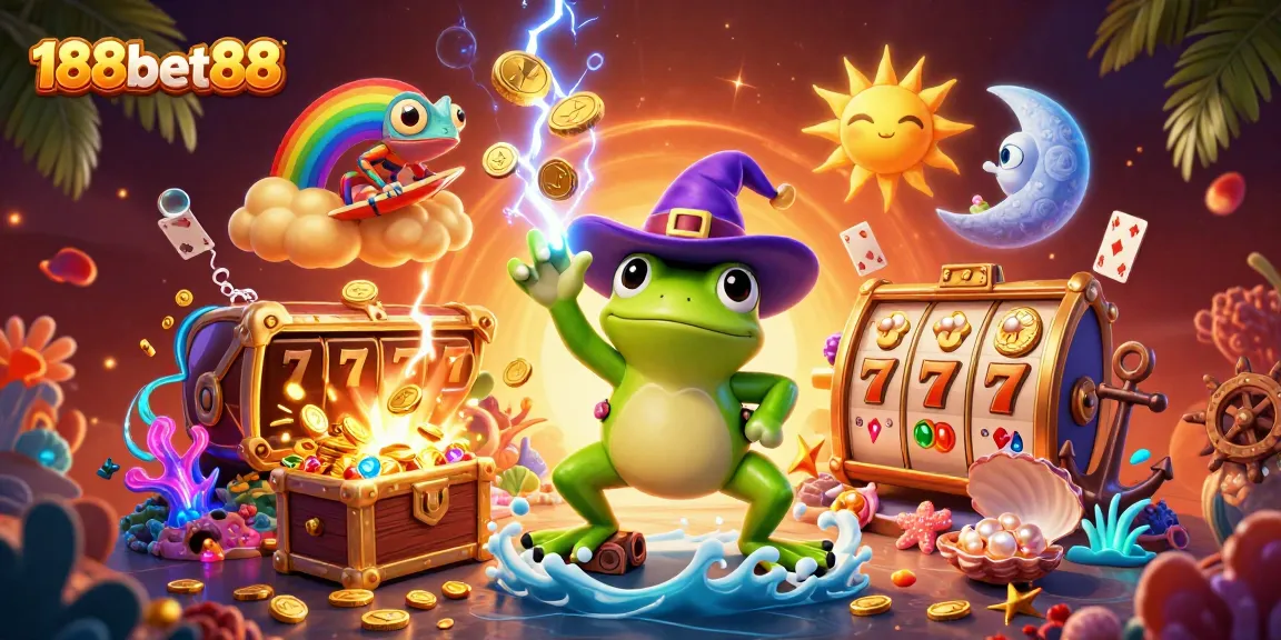 Engage in thrilling gameplay with 188bet88 as cartoon characters surf on clouds of coins amidst slot reels.