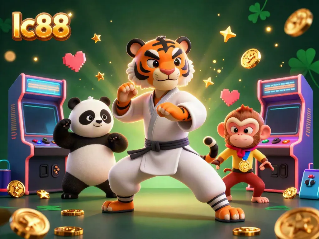 Experience lc88 excitement with a tiger master and panda disciple surrounded by animated casino game elements.