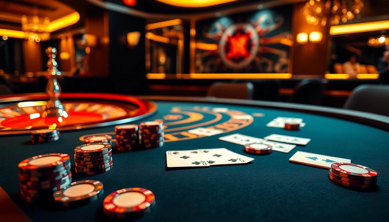 Experience the thrill of gambling at km1888b with vibrant poker chips and cards on a stylish table.