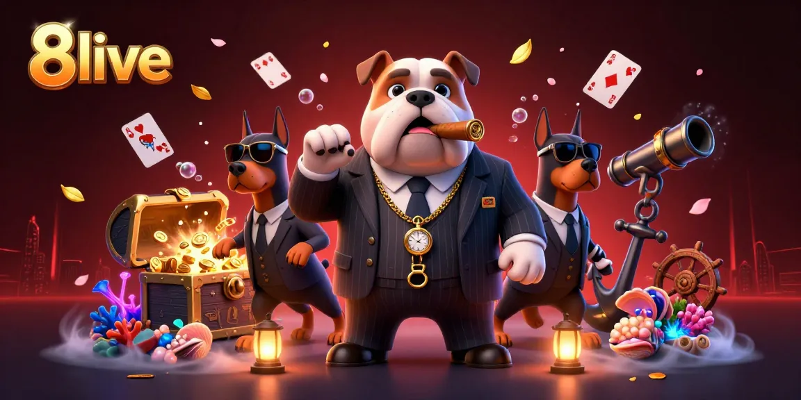 Experience the excitement of 8live with a cartoon mafia boss and Doberman bodyguards amidst rich casino elements.