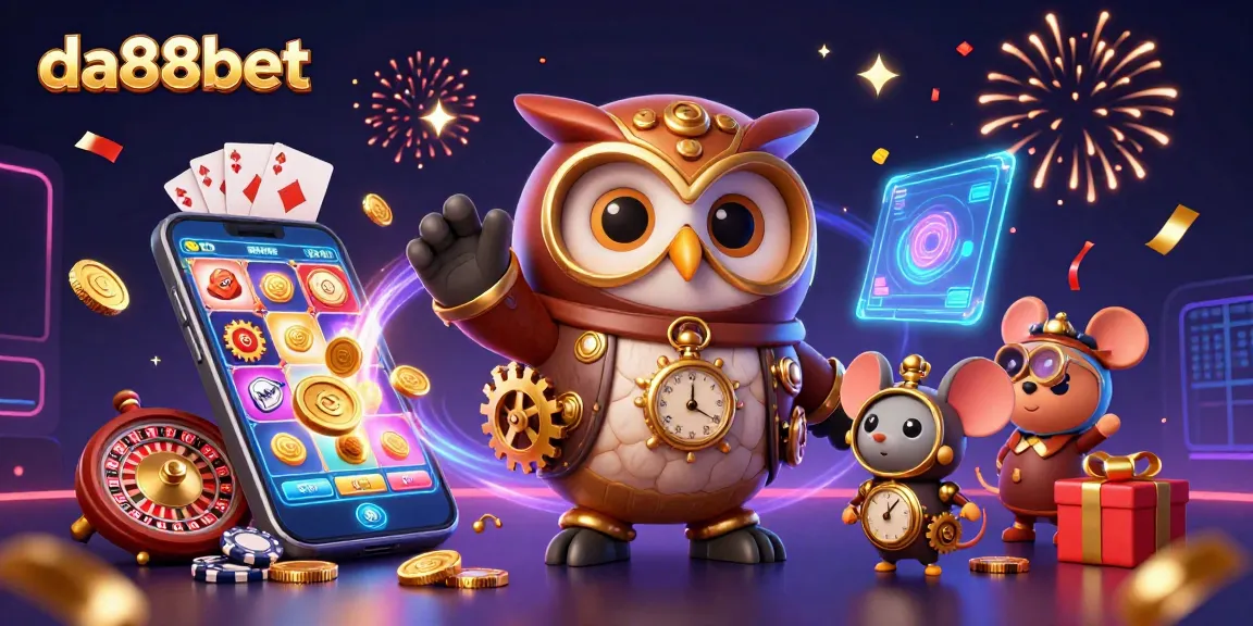 Experience winning moments with da88bet as the cartoon owl leads through a whimsical casino landscape.