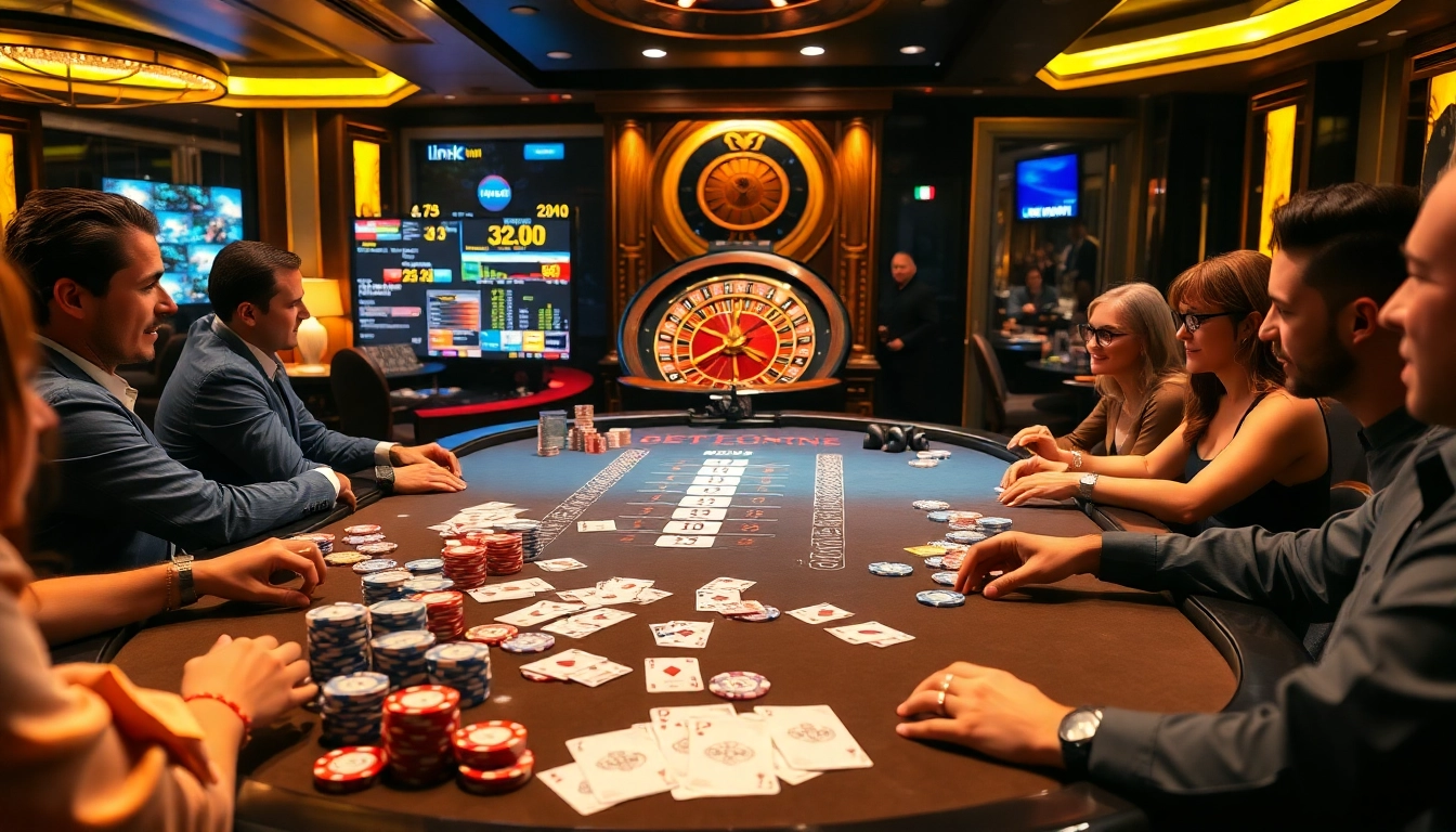 Experience the thrill of link 33Win with vibrant casino visuals showcasing poker games and roulette.
