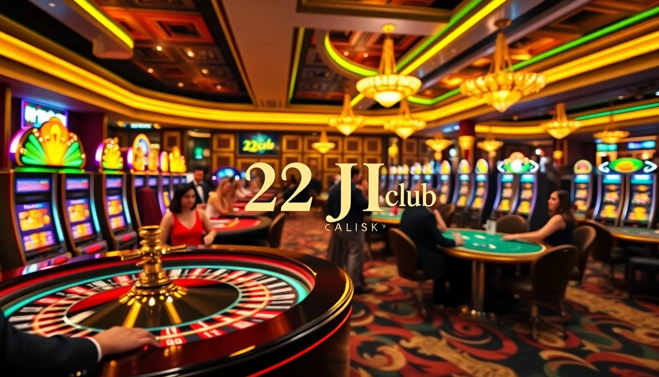 Experience the thrill of the 22jl club casino with vibrant gaming scenes showcasing poker and roulette excitement.