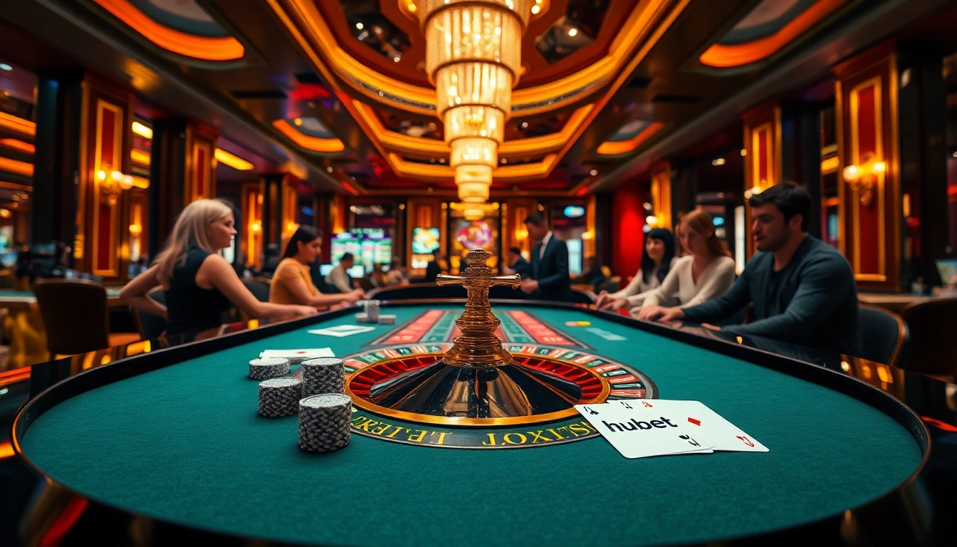 Experience the thrill of betting at Hubet casino, with vibrant chips and a glamorous roulette table.